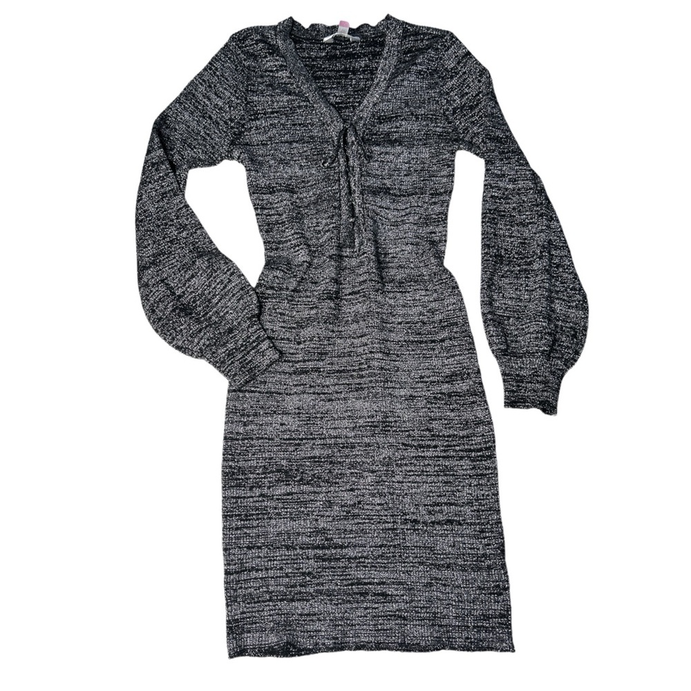 Metallic black silver fitted stretchy fitted long‎ sleeve dress, large